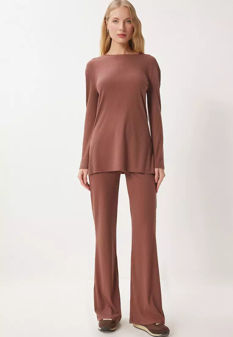 Comfortable Ribbed Knitted Blouse Trousers Set