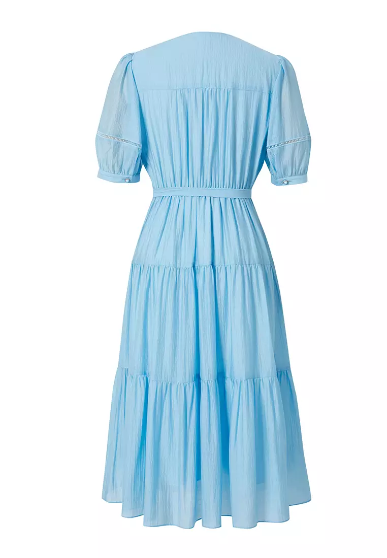 Pleated Button-Front Puff Sleeve Dress