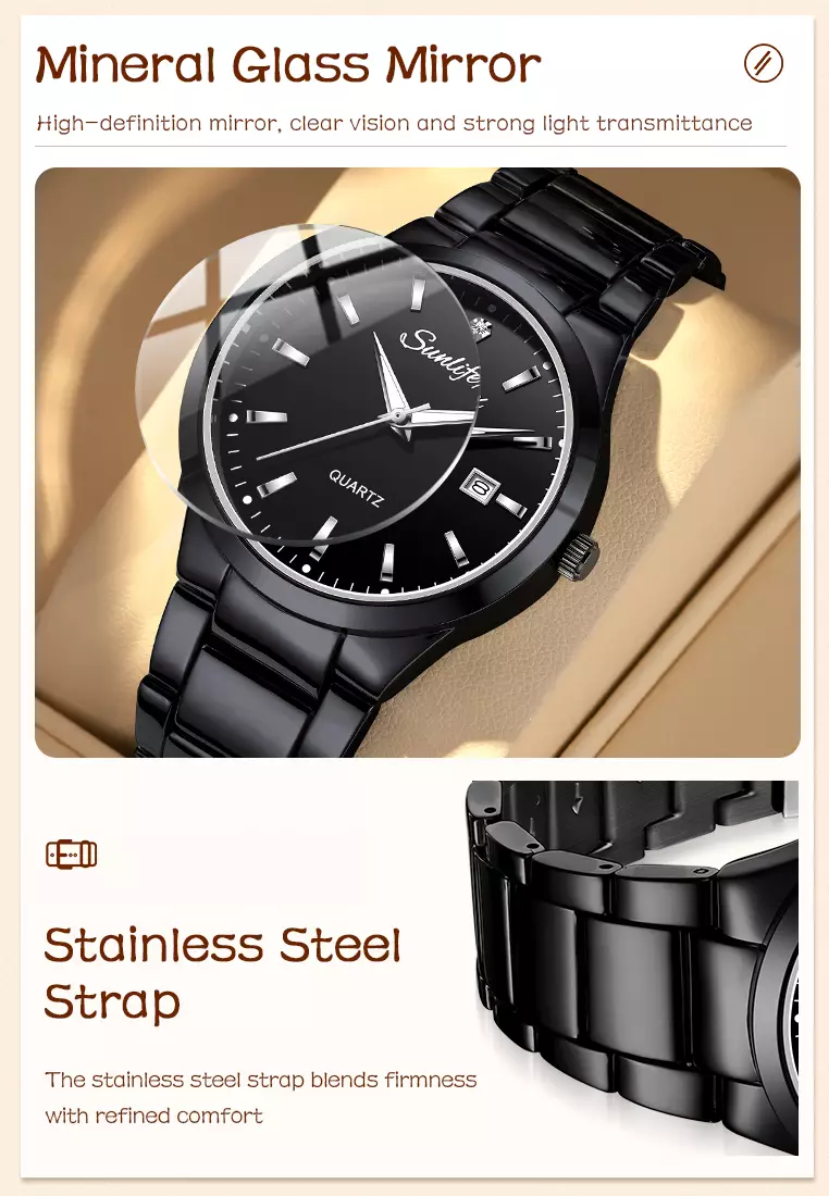 Jam Tangan Couple Original Tanggal Luminous Santai Tali Stainless Steel Jam Tangan Pria/Wanita 9108 allblack