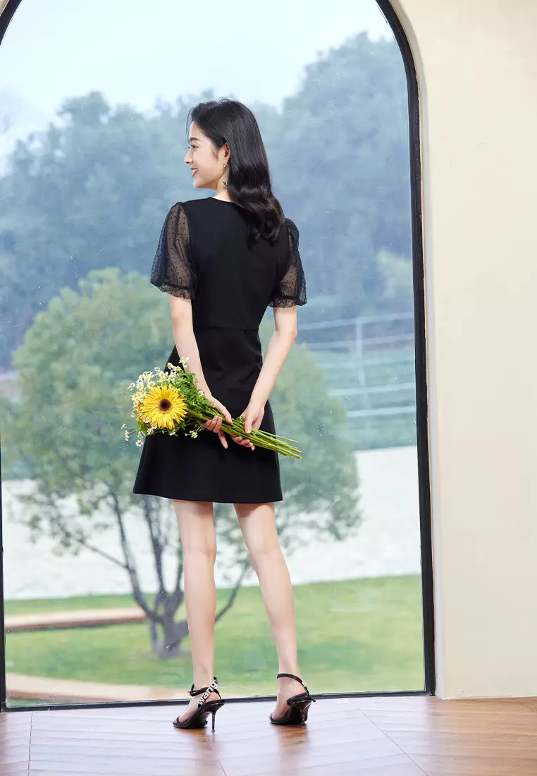 Polka Dot Puff Sleeve Design Midi Dress