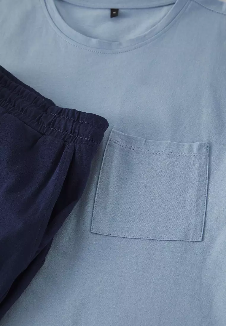 Indigo - Navy Blue Regular Fit 100% Cotton Knitted Shorts Pajama Set TMNSS25PT00033