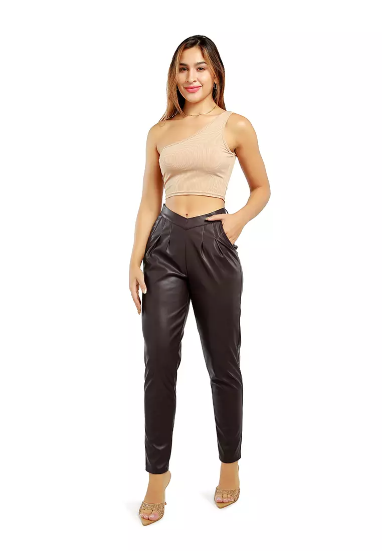 Chocolate Pleated Faux Leather Pants