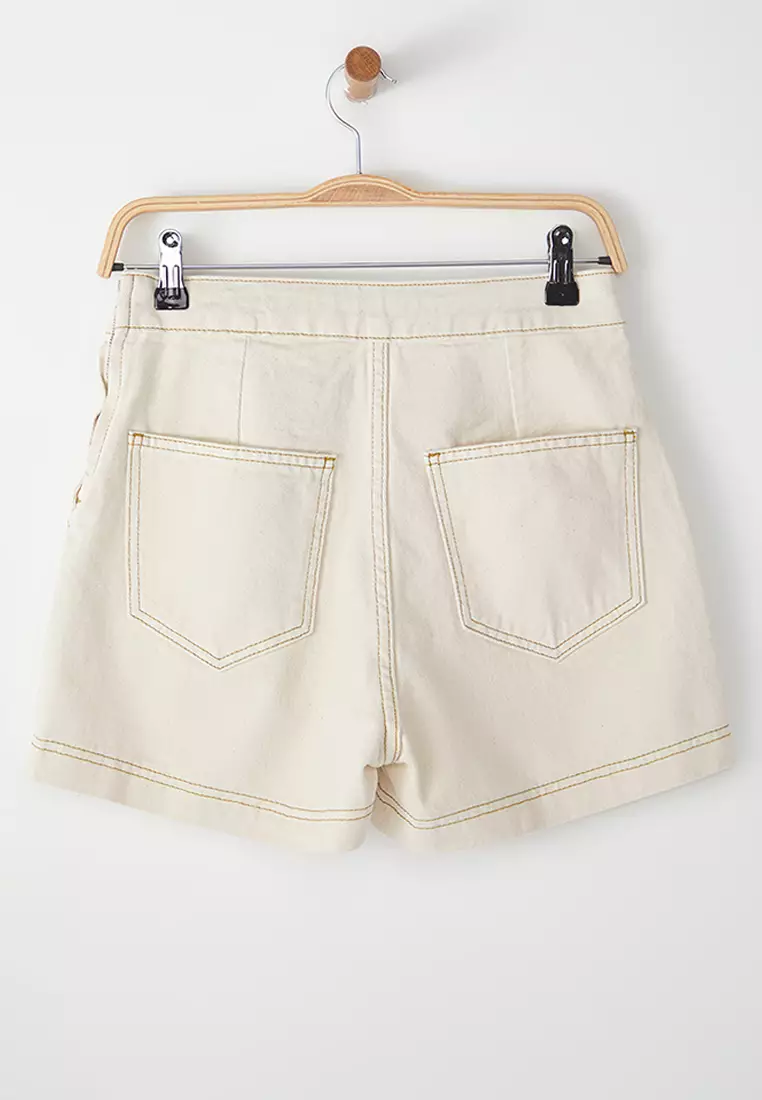 Ecru Double Breasted Normal Waist Mini Denim Shorts Skirt