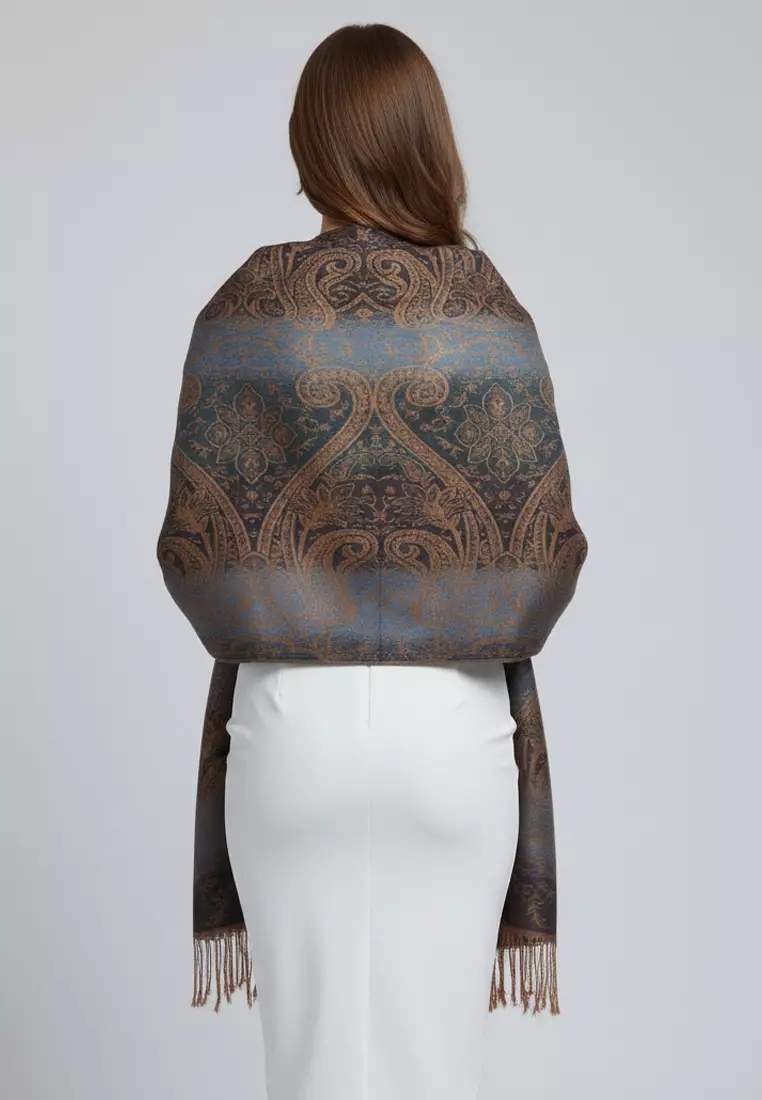 Aksesoris Wanita Reversible Viscose Arabesque Weave Pattern Pashmina Shawl Syal Gradasi Wanita Midnight Blue