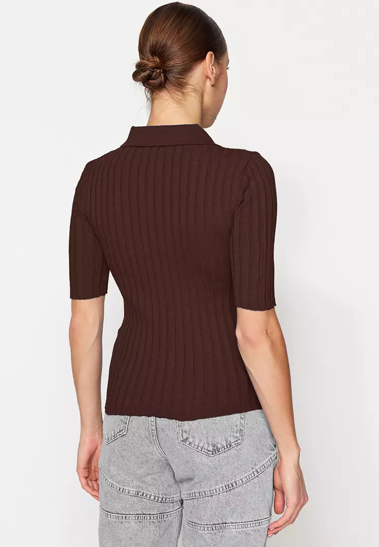 Brown Basic Polo Neck T-Shirt Look Knitted Thin Blouse TWOSS20BZ0112
