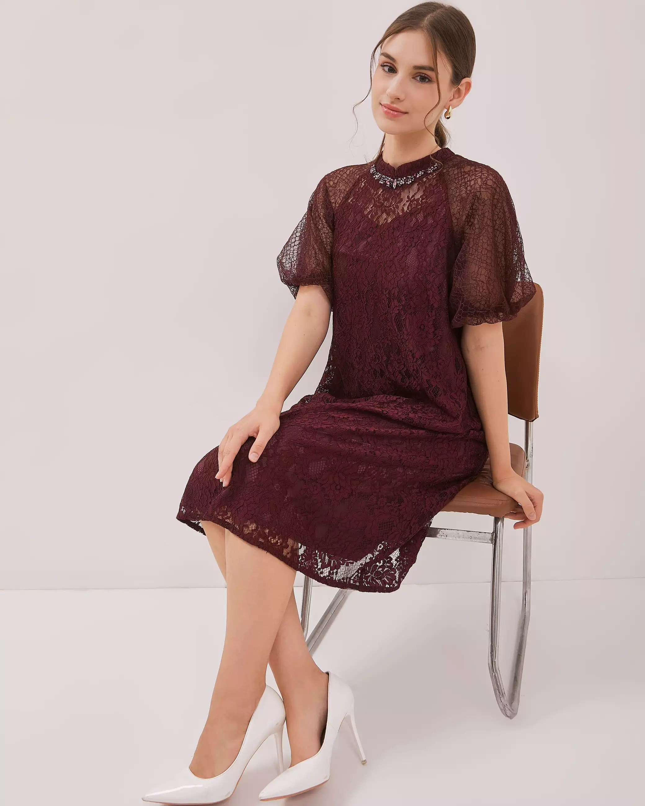 Urban Exchange Jane Magenta Dress / Midi Dress Brokat Festive Natal Warna Purple