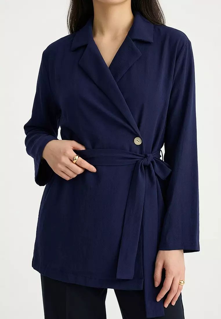 Navy Blue Belted Double Breasted Shirt-Pants Woven Bottom-Top Set TCTSS25US00001