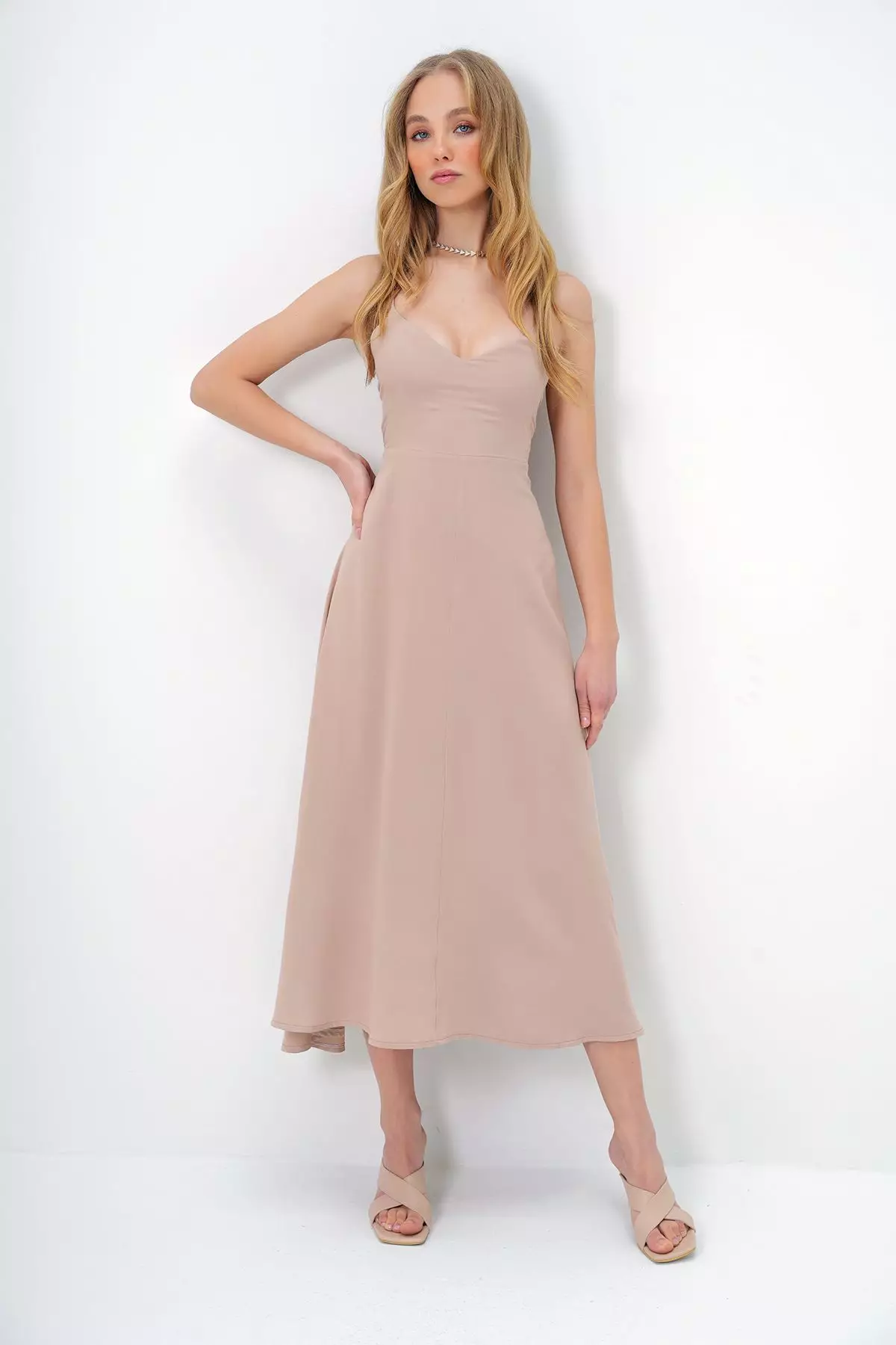 Women's Beige Rope Strap Back Tie Detail Maxi Size Summer Dress
