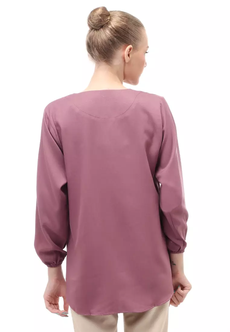 Mitzi Blouse Wanita Kerah V-neck Motif Solid Aksen Kancing Design Casual - Taro