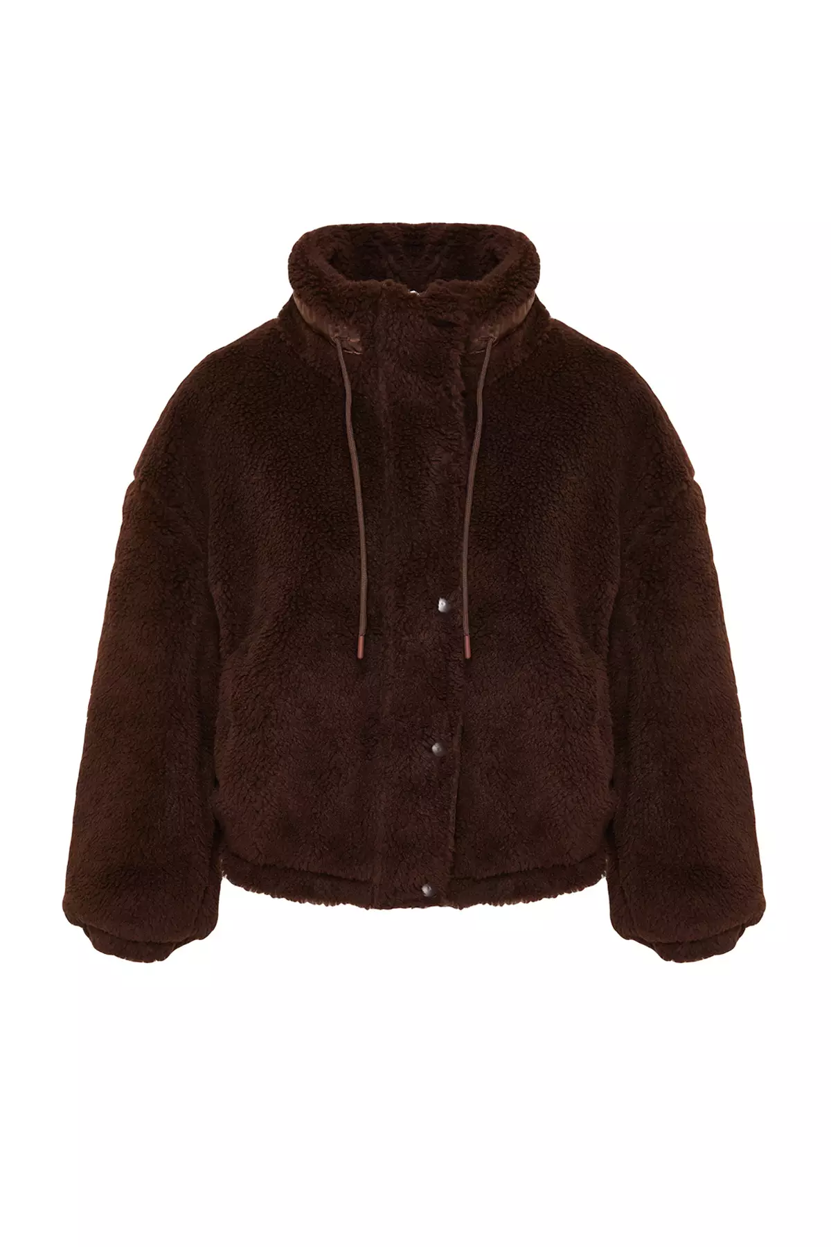 Brown Oversize Molded Zippered Plush Jacket Coat TWOAW21MO0132