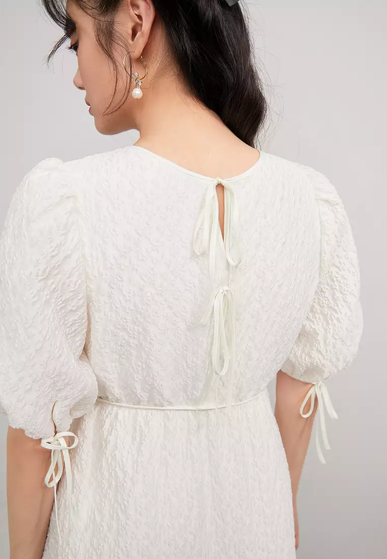 Puff Sleeve Floral Embossed Mini Dress