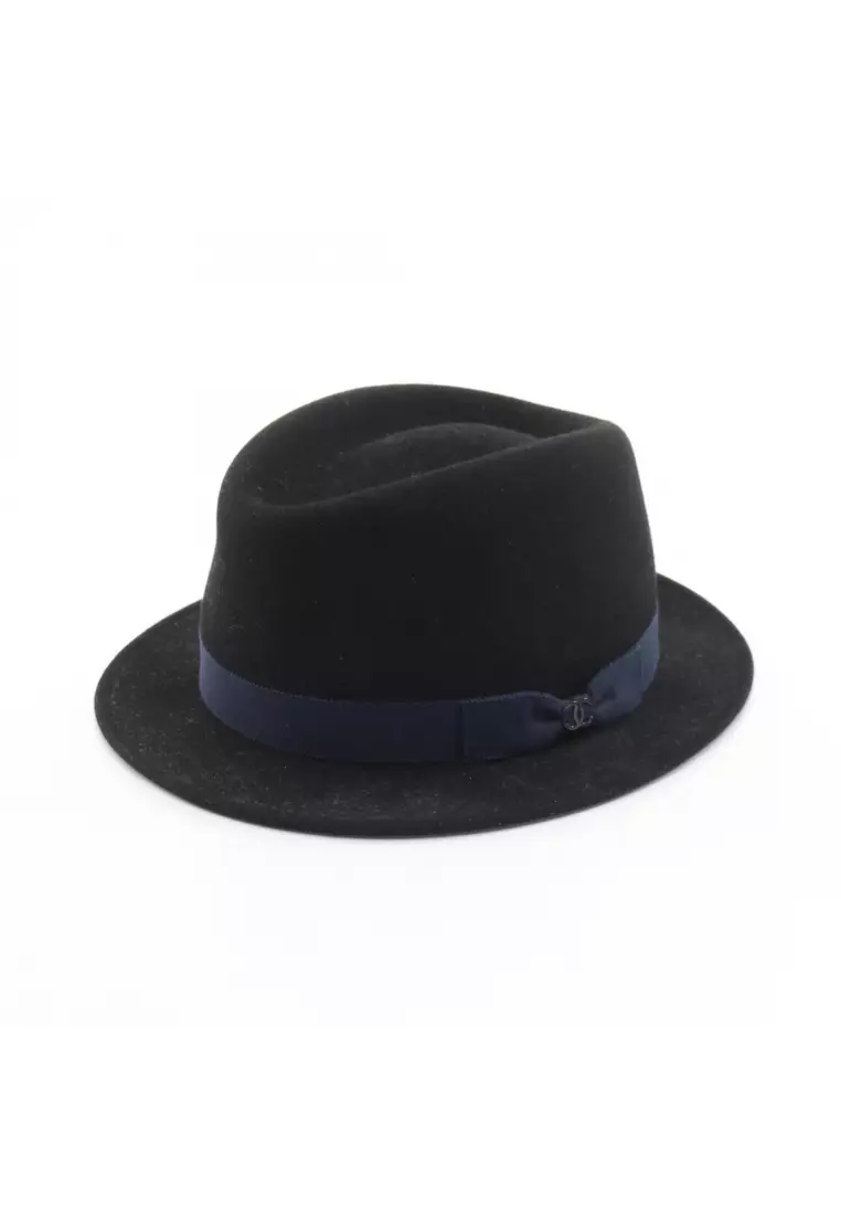 Pre-Loved Chanel coco mark center fold hat Rabbit Felt black Navy