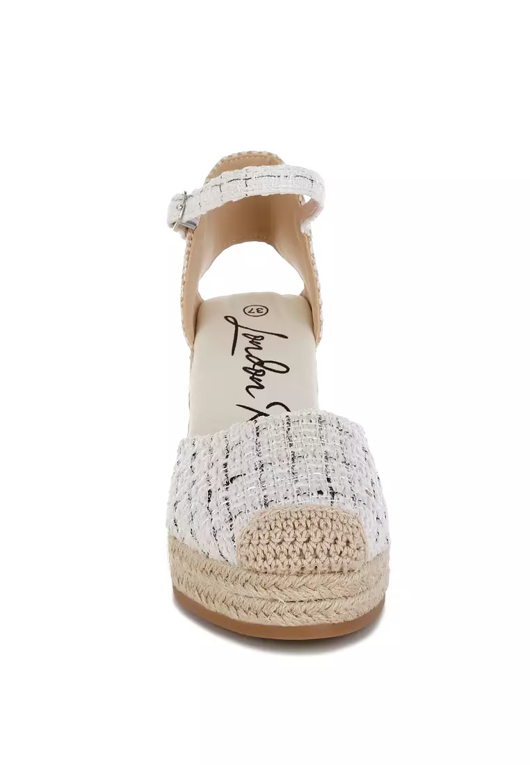 Tweed Round Toe Woven Wedges In White