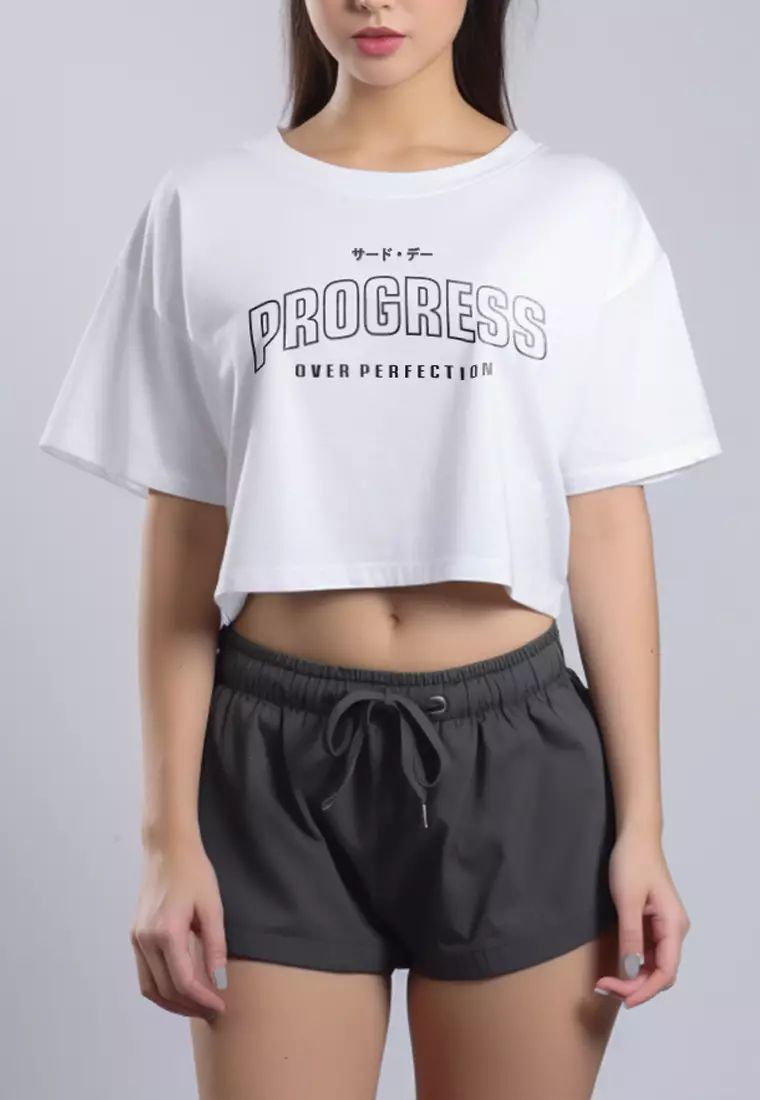 LTH07 Kaos Crop Top Wanita "progress" OLC putih
