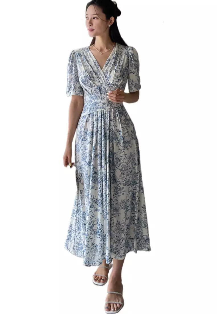 French style ink printed lace up dress CA25032714BL