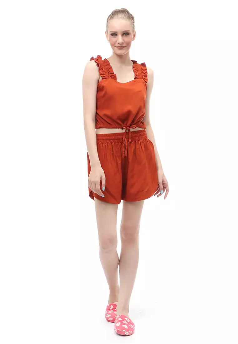 Set Pakaian Wanita Atasan Bawahan Design Serut Relaxed Fit - Brick