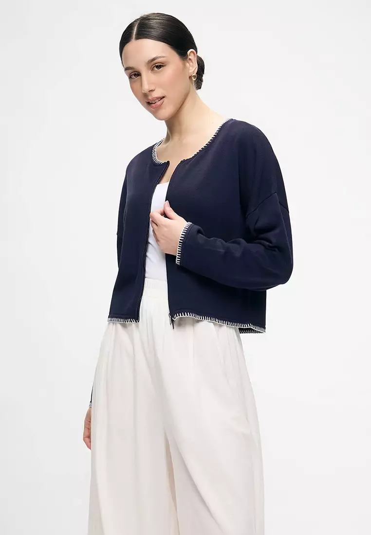 Women's Drop Shoulder Cardigan with Blanket Stitch