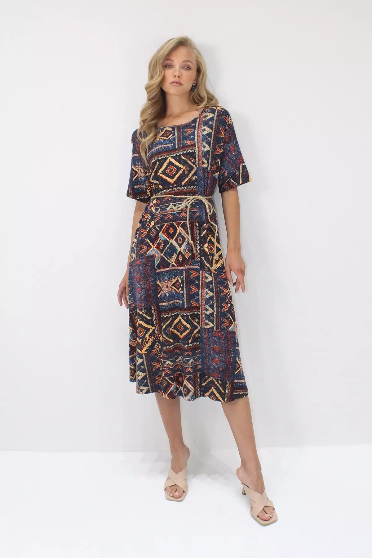 Women's Navy Blue Boat Neck Patterned Midi Length Relaxed Fit Viscose Dress Alc-X14208
