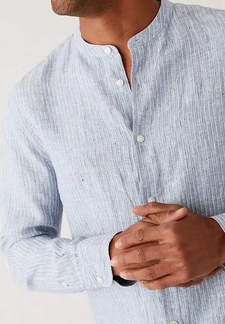 Pure Linen Striped Grandad Collar Shirt