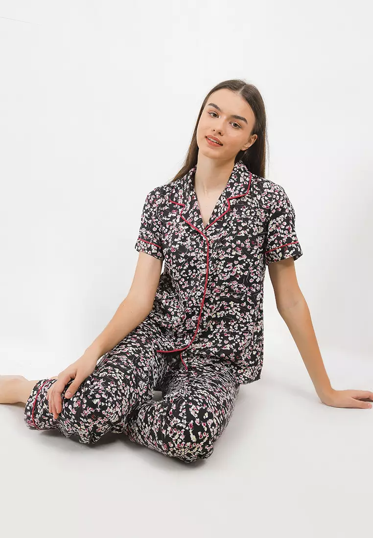 Piyama Pijama Baju Tidur Satin Silk Short Sleeve Long Pants Sleepwear
