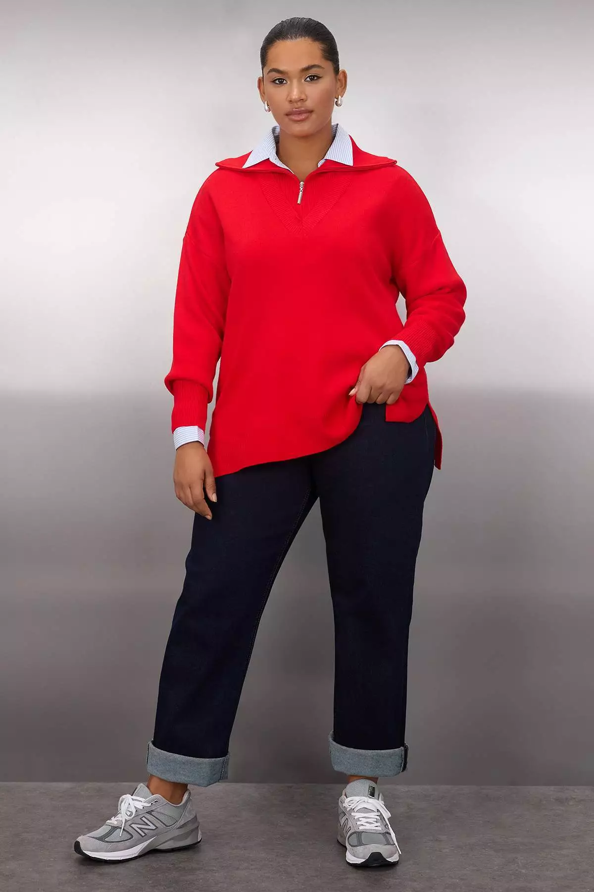 Plus Size Half-Zip Slit Knit Sweater