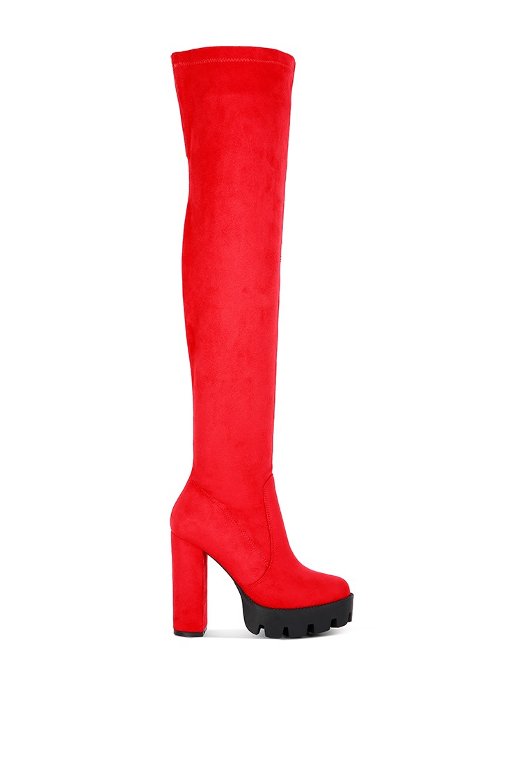 Red High Block Heeled Faux Suede Long Boots