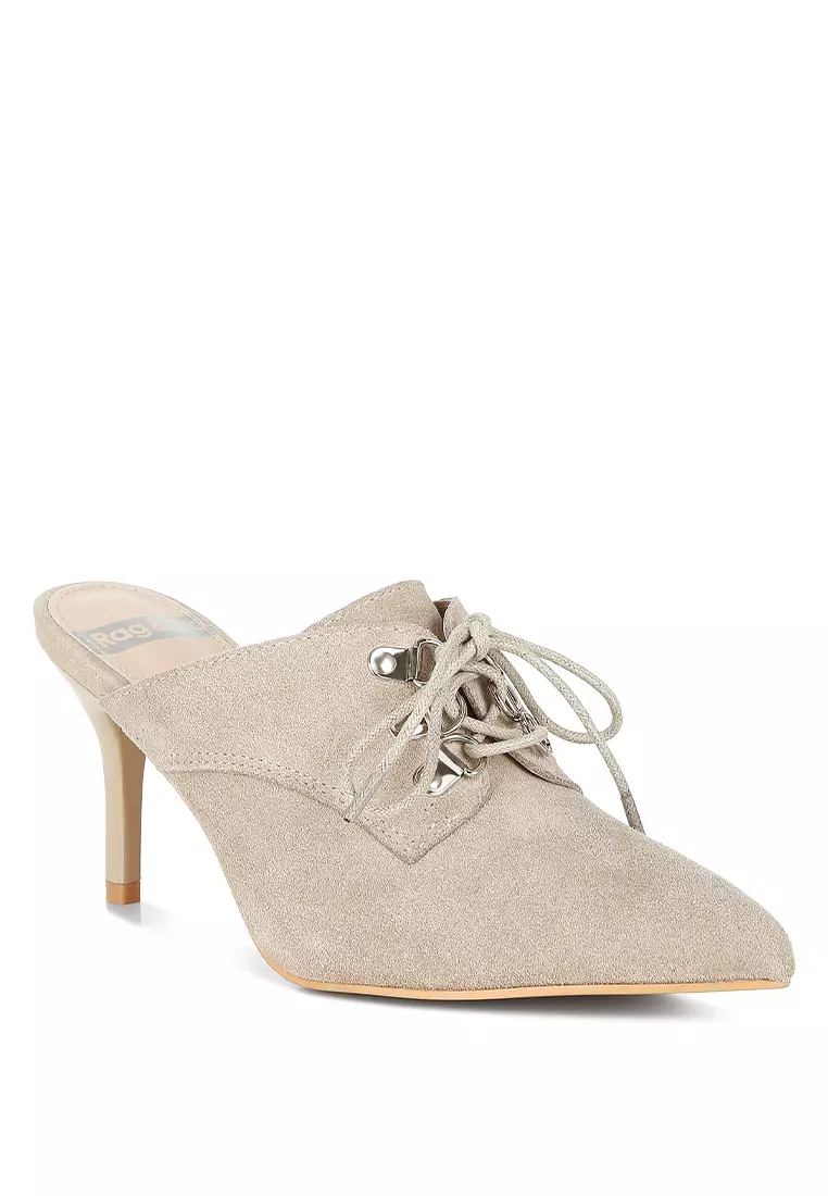 Suede Stiletto Mules In Beige