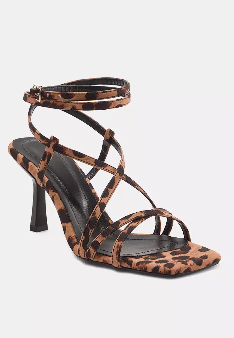 Multicolor Leopard Print Ankle Strap Brown Women's Heeled Sandals Takss24To00001