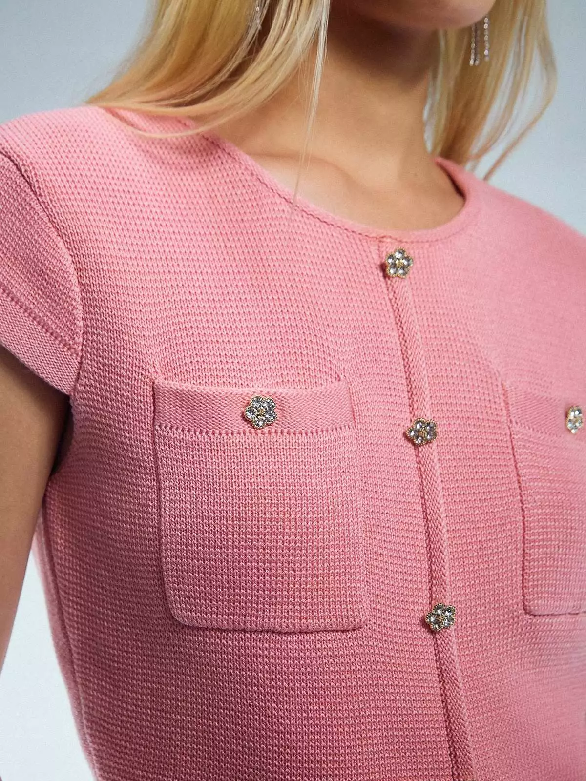 Knitted Crop Button Top - Light Pink