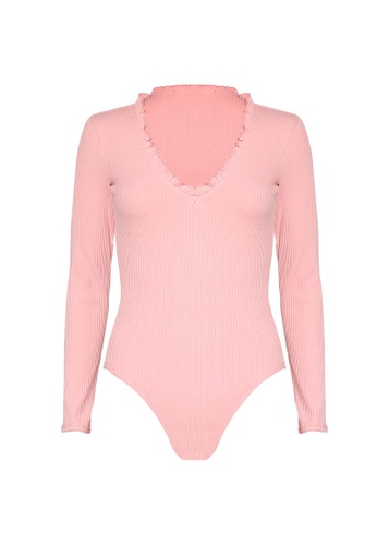 Buy Miss Selfridge PETITE Pink Lettuce V Neck Bodysuit ...
