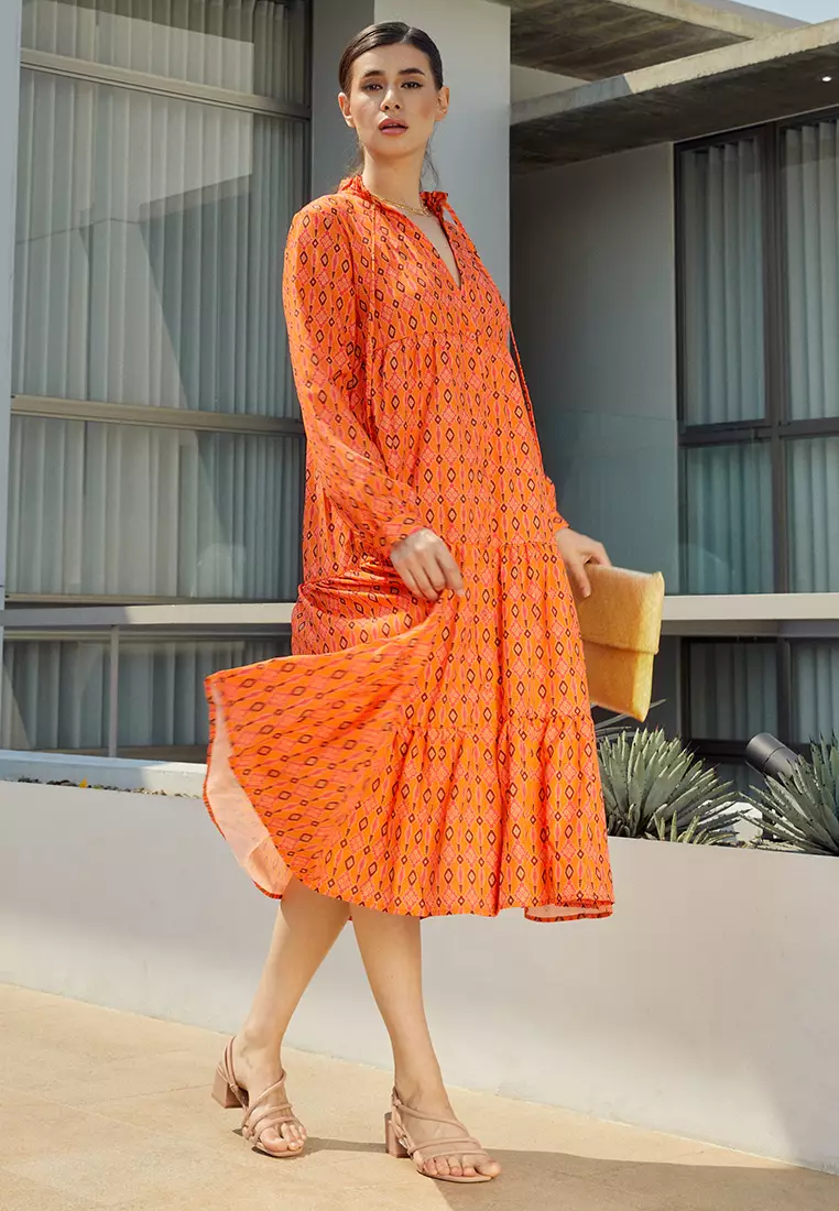 Orange long sleeve midi dress top