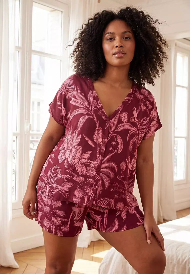 Pink Palm Pattern Batwing Sleeve Woven Plus Size Pajama Set Tbbss26Ai00045