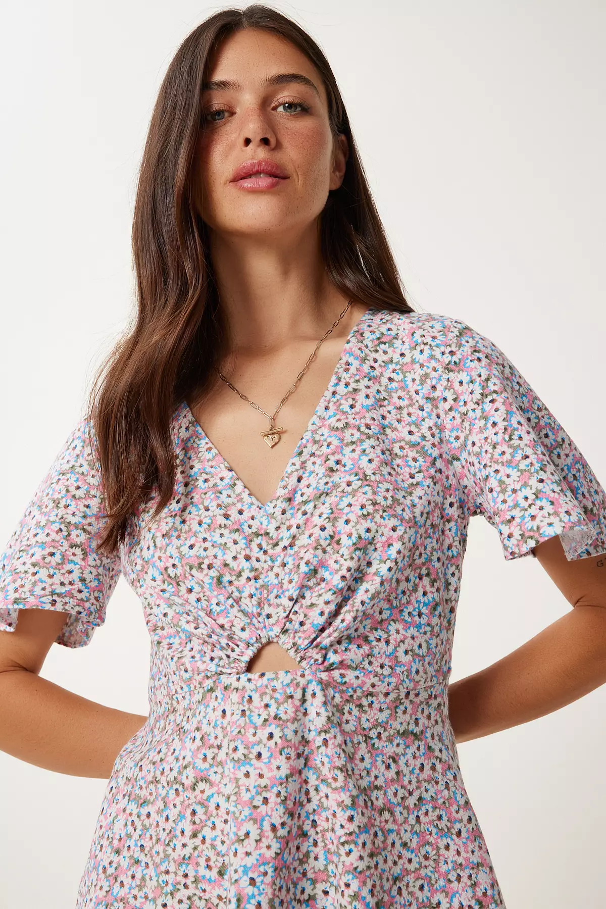 Women's Pink Floral Summer Mini Linen Dress Fk00034