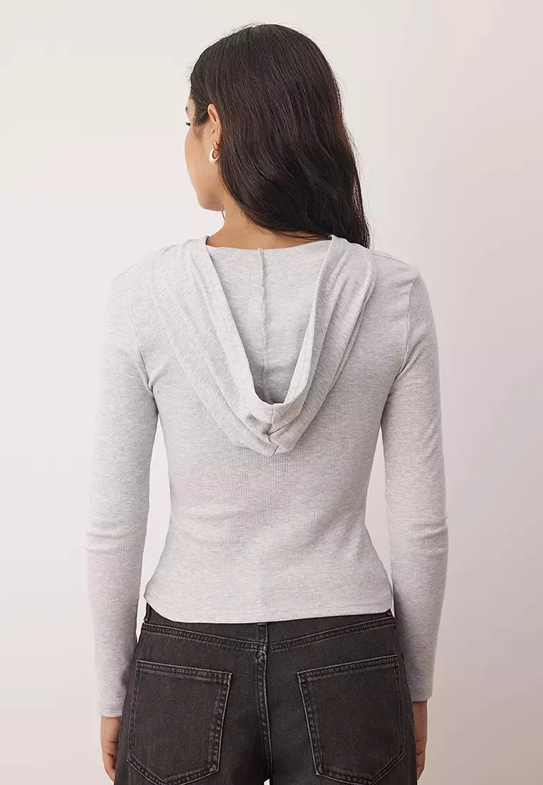Snow Melange Hooded Ribbed Buttoned Fitted/Body-Smoothing Knitted Blouse Twoaw26Bz00033