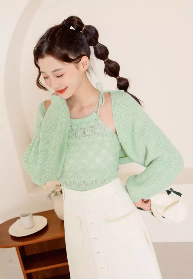Two-Piece Knit Tie-Back Tank Top with Outer Layer [FA2887]