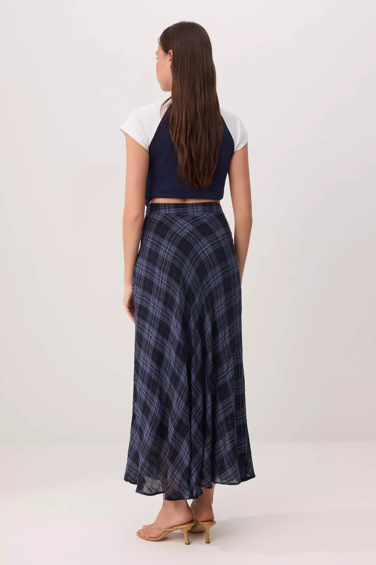 Blue Plaid 1% Cotton Lined Long Maxi Skirt Twoss26Et187