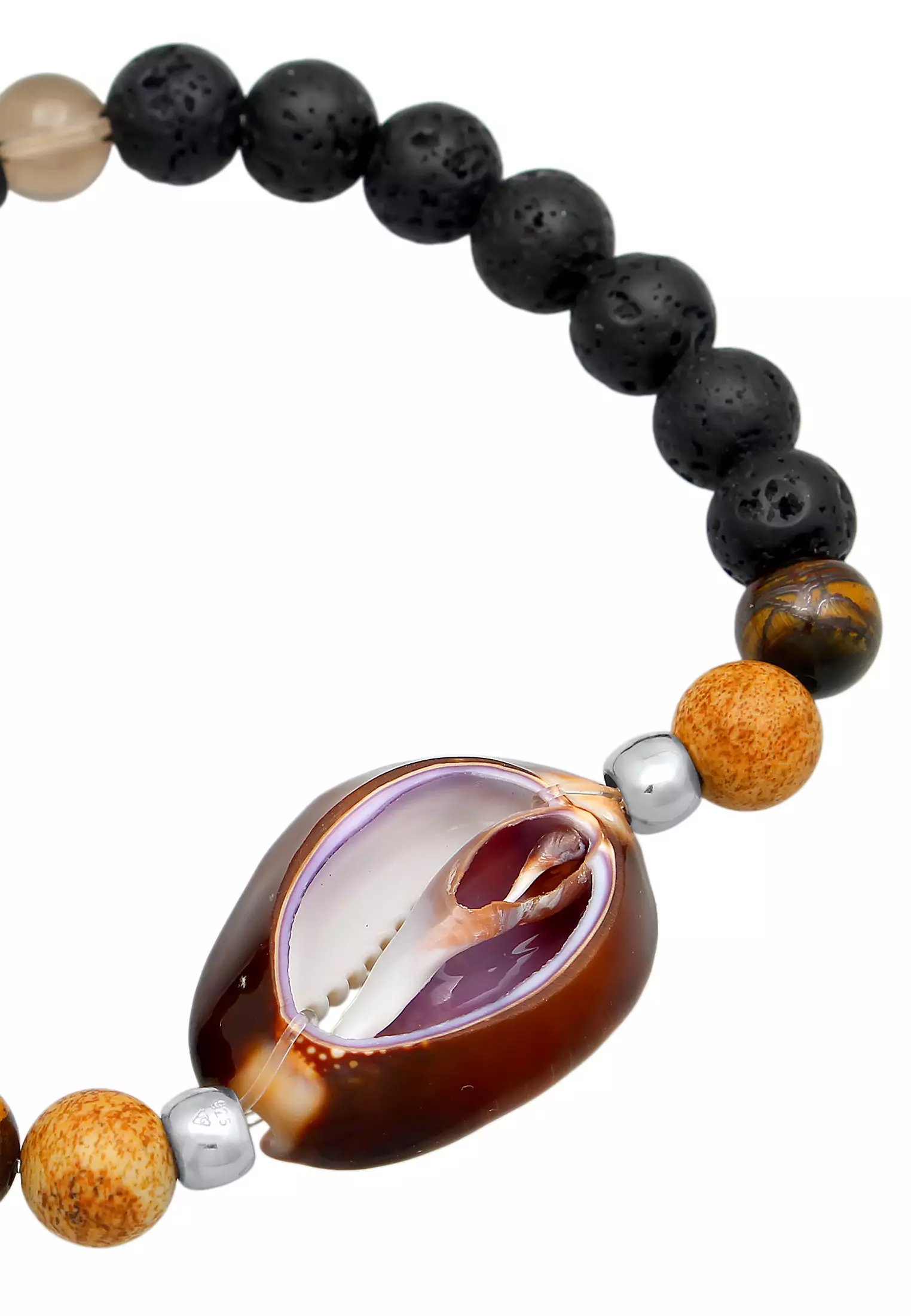 Bracelet Men Kauri Shell Pendant Lava And Tiger Eye Beads