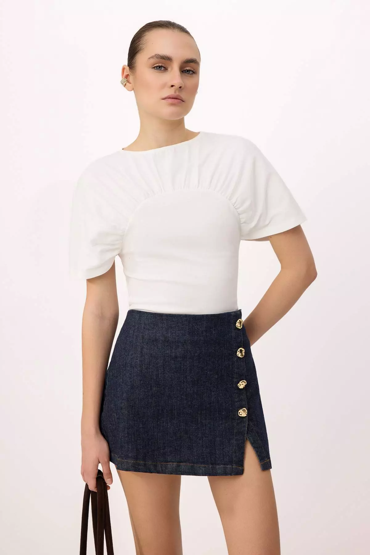 Ecru Fitted/Body-Fitting Boat Neck Short Sleeve 100% Cotton Knitted T-Shirt Twoss26Ts00264