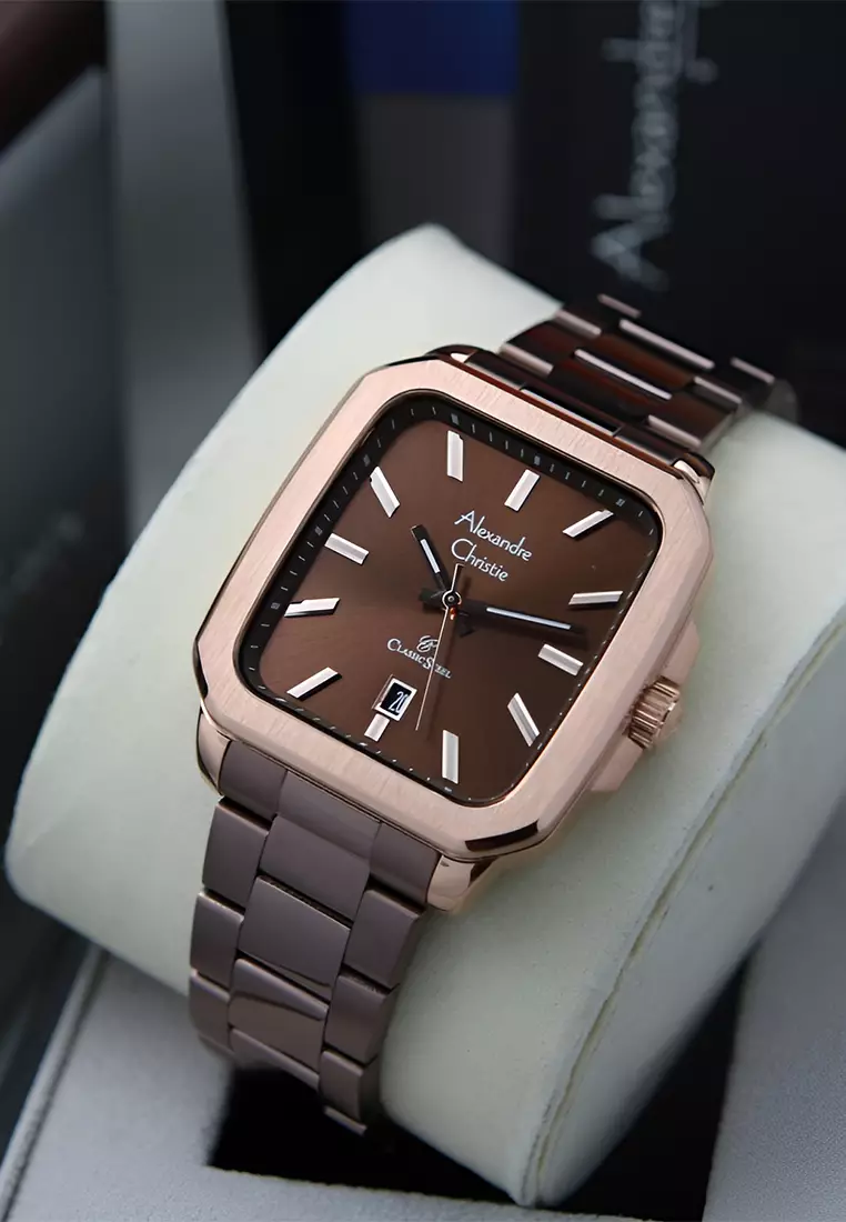 Jam Tangan Pria Alexandre Christie Classic Steel AC 8687 MDBROBO Rosegold Brown - Stainless Steel