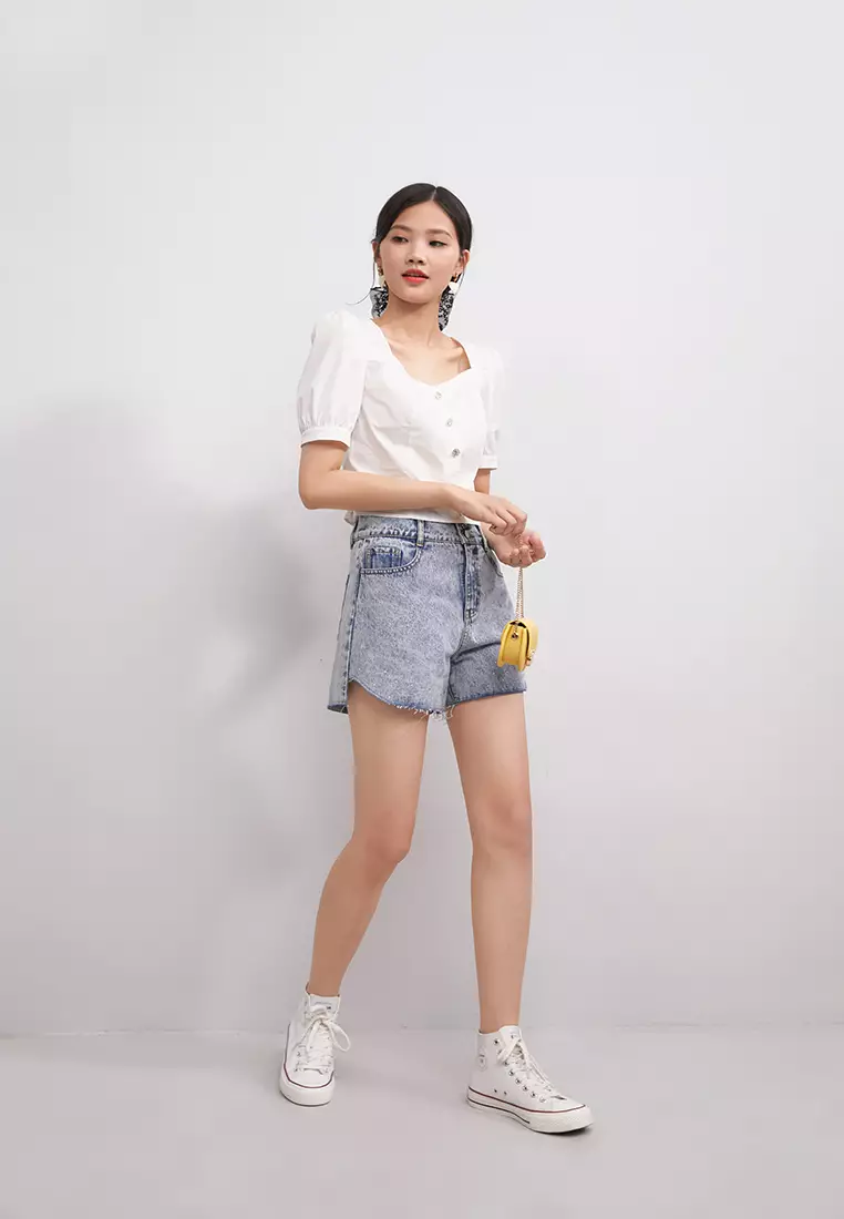 Light Wash Ripped Cuff Denim Shorts