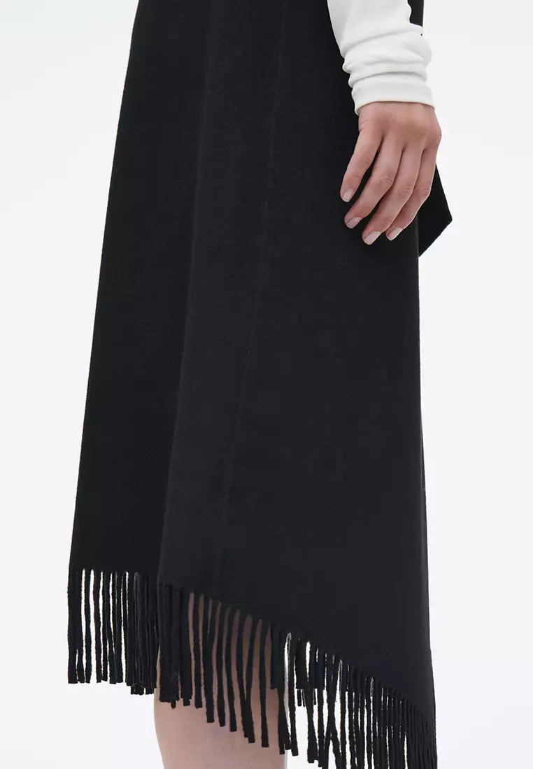 Fringed Wool Midi Wrap Skirt
