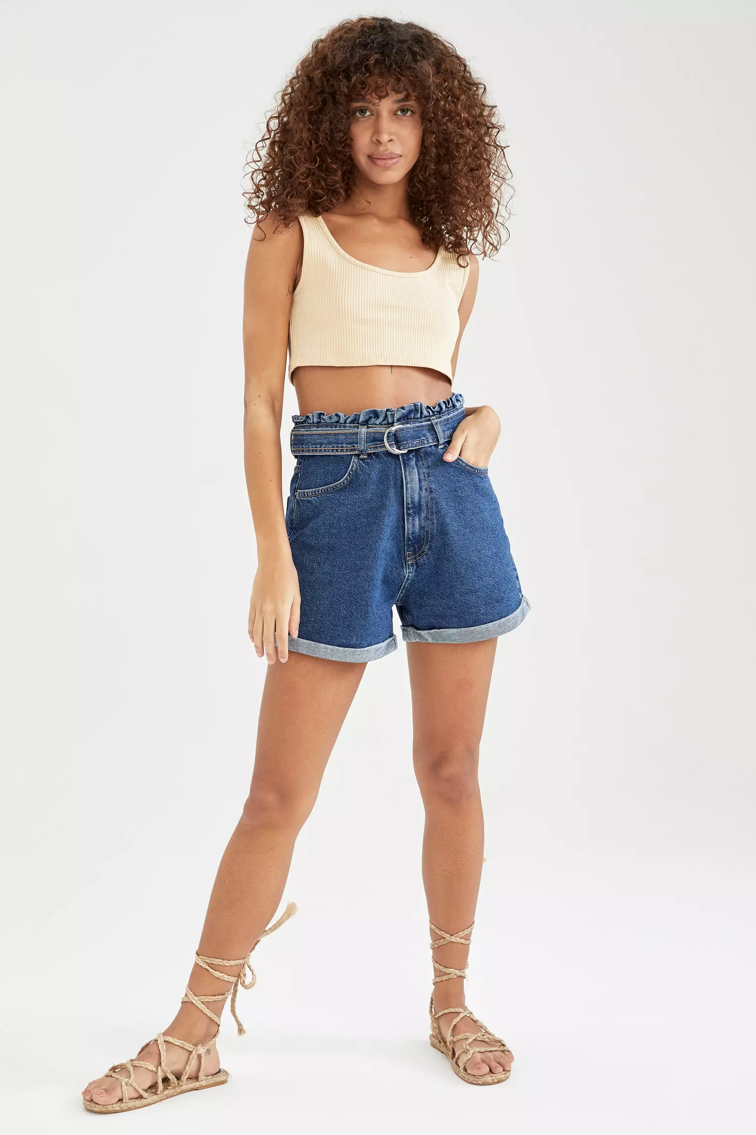 High Waisted Belted Denim Shorts With Pockets
