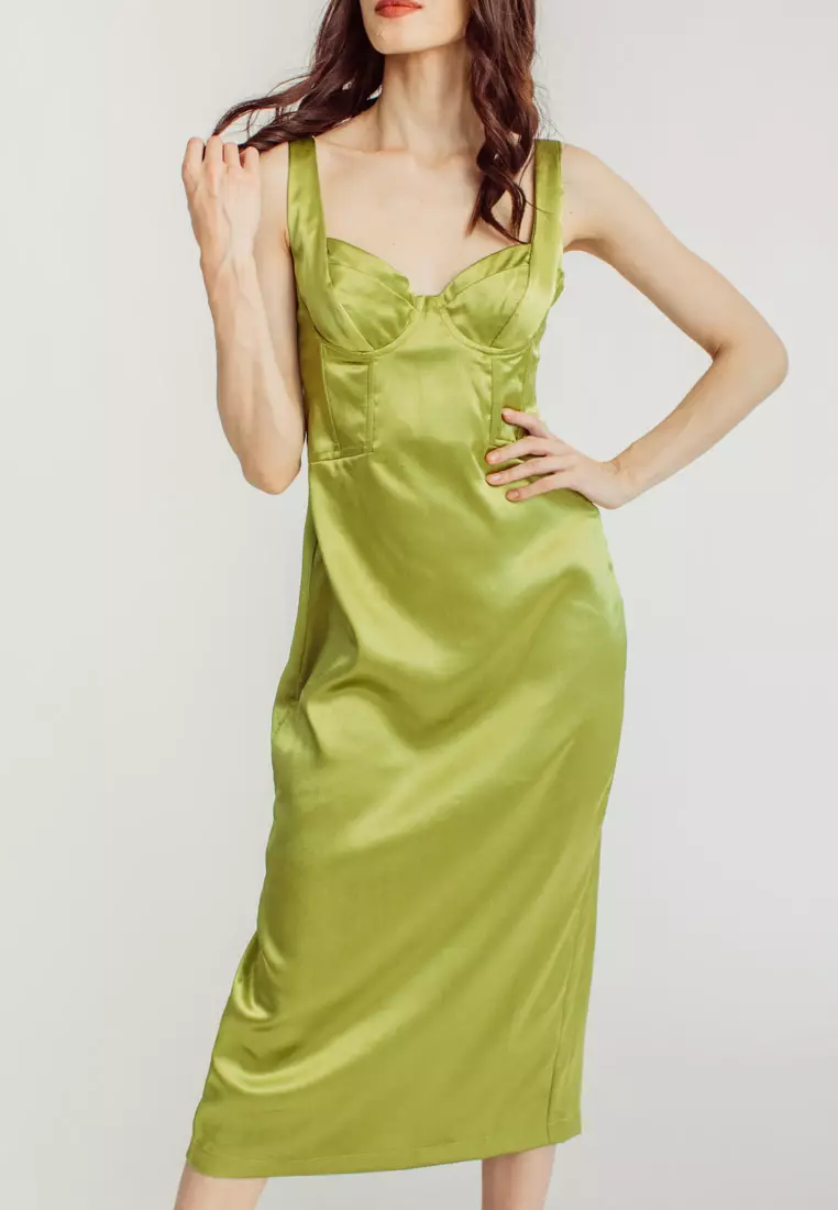 Buy Love, Ara Nina Green Silk Bra Bow Strap Midi Dress 2023 Online