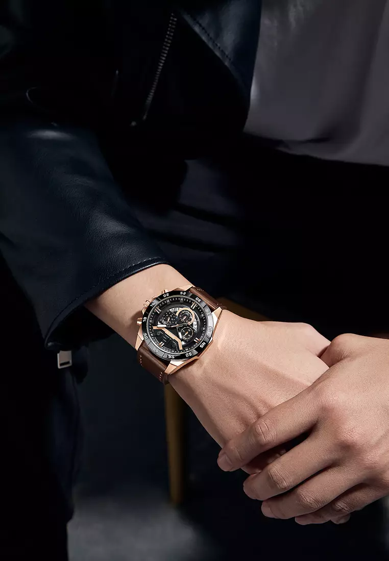 Jam Tangan Pria Original Multifungsi Analog & Digital Anti Air Tali Kulit Jam Tangan Cowok brownblack