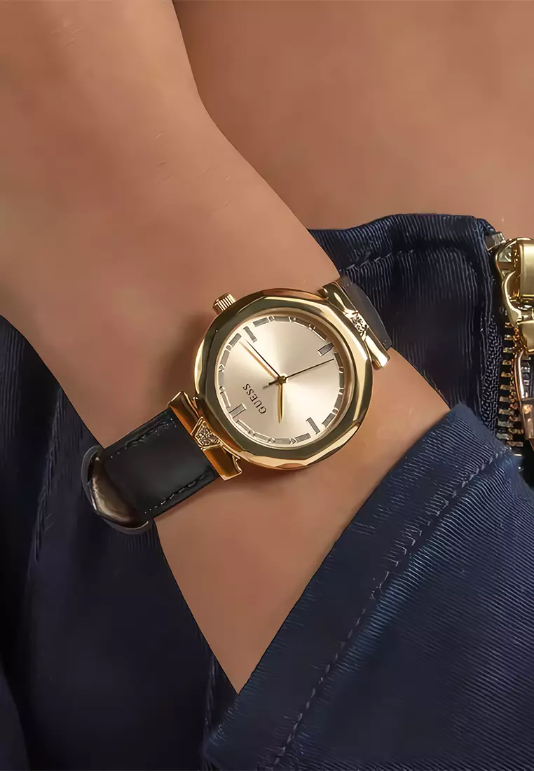 Guess Ladies Watch Rumour Jam Tangan Analog Wanita - Gold Case Black Leather Strap - GW0689L2