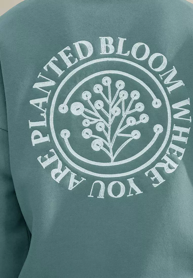 Mint Oversize/Wide Cut Floral Embroidered Fleece Lined Cotton Sweatshirt Tmnaw24Sw00012