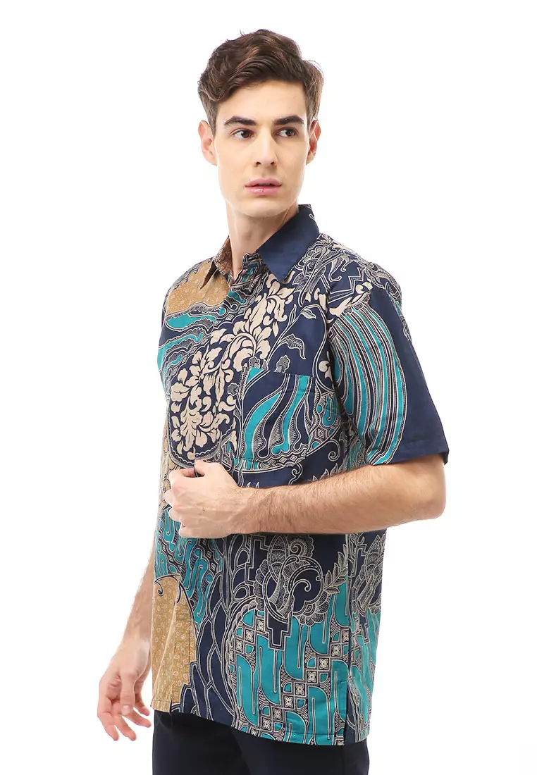 Kendrick Atasan Formal Kemeja Batik Pria Slim Fit Motif Cap Short Sleeve Material Cotton ORIGINAL - Tosca