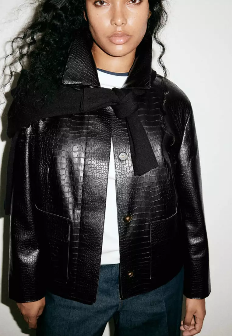 Croc-Effect Faux Leather Jacket