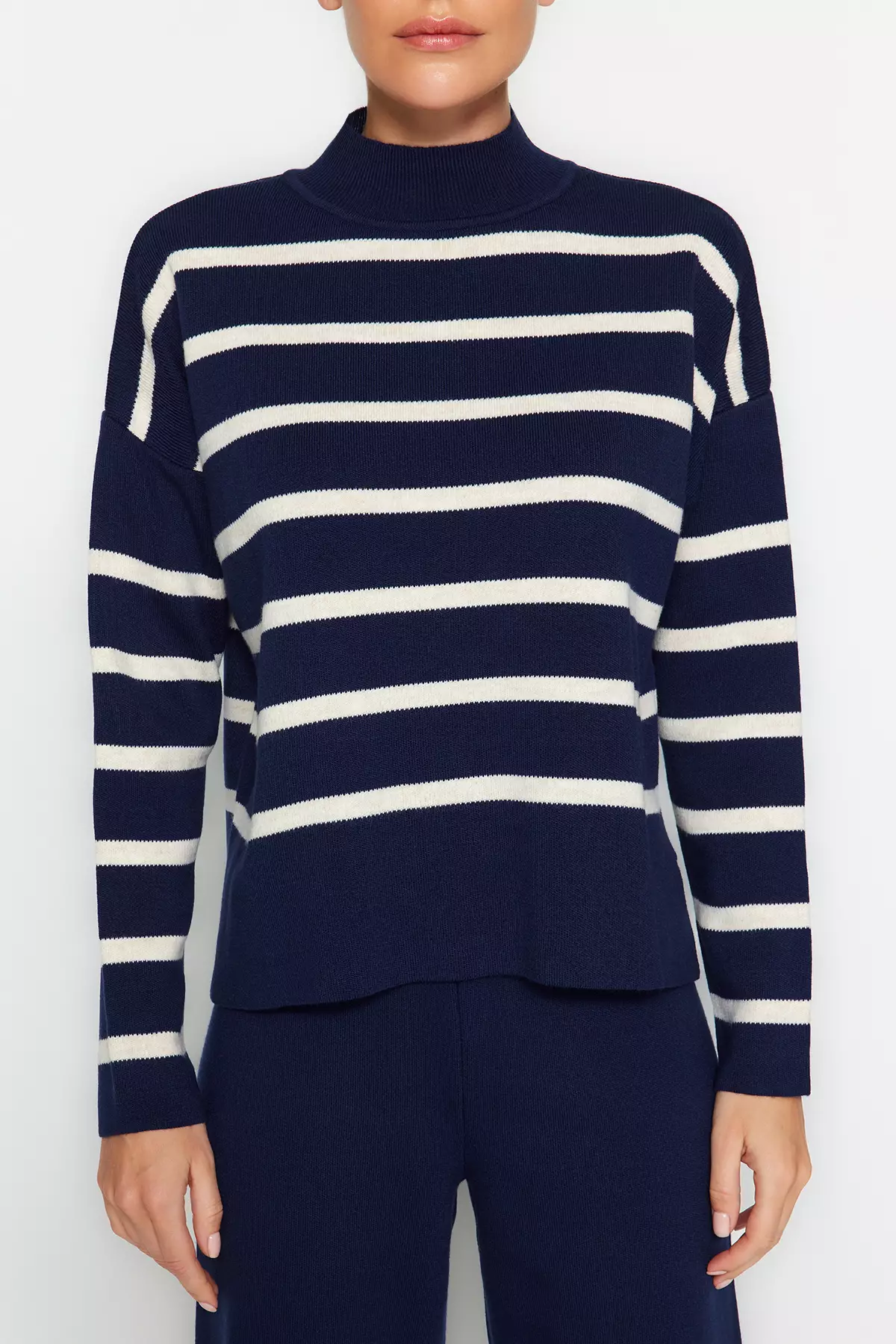 Navy Blue Striped Knitwear Trousers Bottom-Top Set TWOAW24AU00045