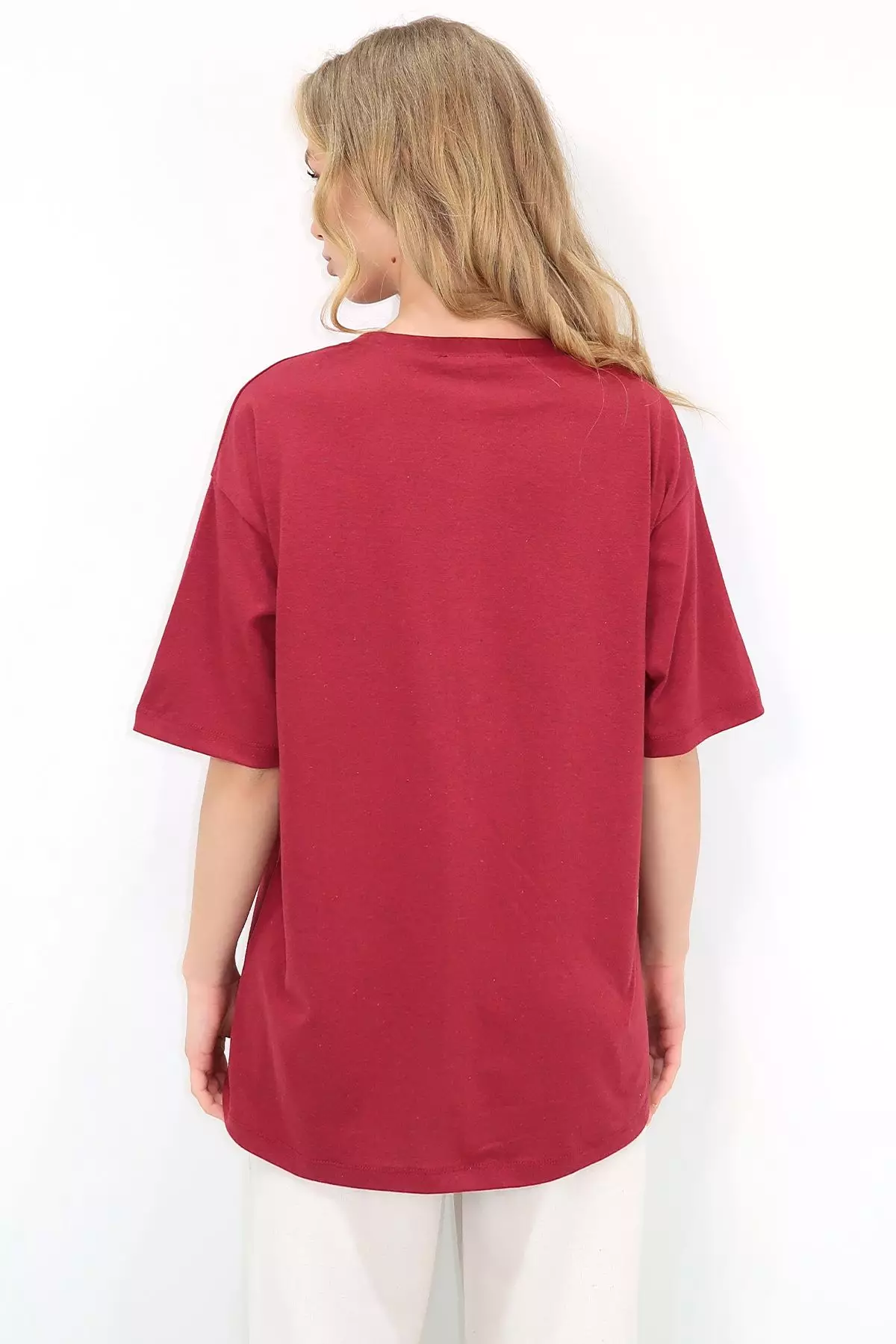 Women's Claret Red Crew Neck Oversize Pearl and Stone Embroidered T-Shirt